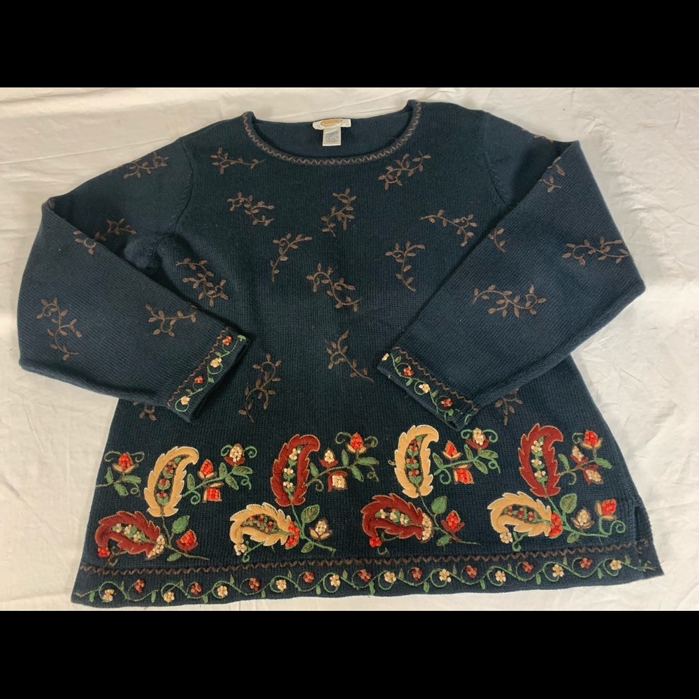 Talbots Womens Sweater Large P Embroidered Paisley Flowers VTG